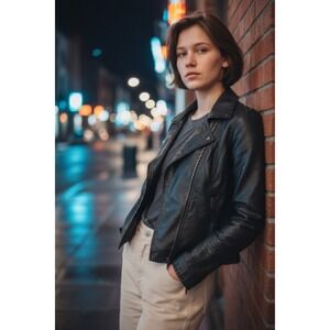 Hollister Jacket Women's Medium Black Faux Leather Biker Moto Full Zip‎